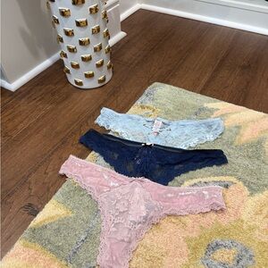 Victoria's Secret Lace Thong Trio - Pink, Navy, Light Blue NWT